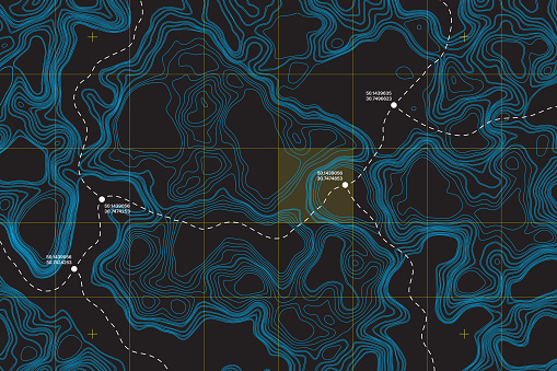 View From Above Lie Of The Ground Conceptual Vector Topographic Map With Route And Coordinates Abstract Blue Background