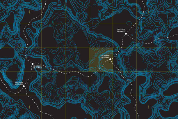 Conceptual Vector Topographic Map View From Above Lie Of The Ground Conceptual Vector Topographic Map With Route And Coordinates Abstract Blue Background coordination stock illustrations