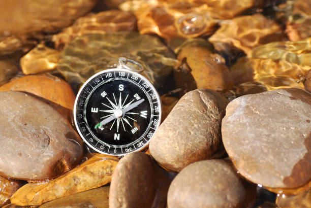 istock Compass on the rock with water, sign to predict something 1136832937