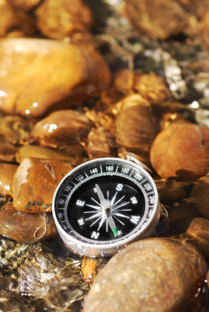istock Compass on the rock with water, sign to predict something 1136833070