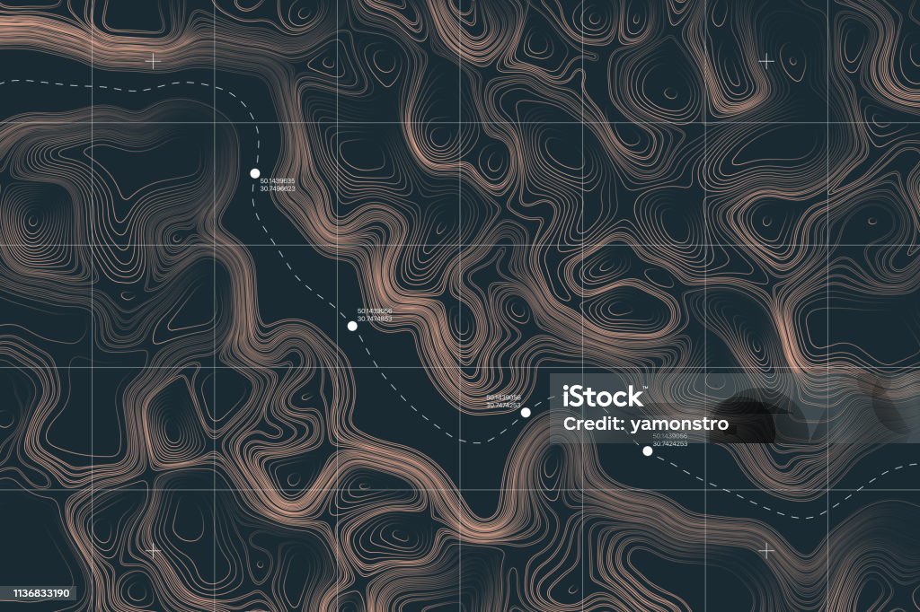 Conceptual Vector Alien Terrain Topographic Map View From Above Alien Terrain Conceptual Vector Topographic Map With Route And Coordinates User Interface Abstract Background Topography stock vector