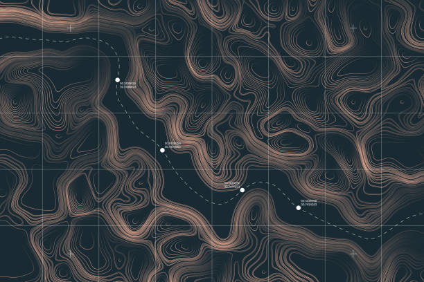 Conceptual Vector Alien Terrain Topographic Map View From Above Alien Terrain Conceptual Vector Topographic Map With Route And Coordinates User Interface Abstract Background mars stock illustrations