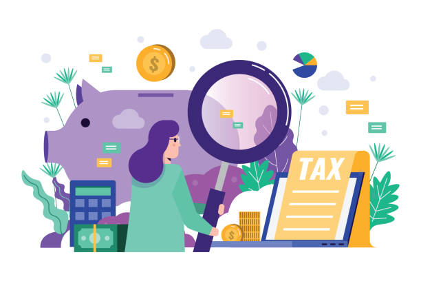 Business woman holding magnifying glass to audit financial  data. Tax financial analysis, tax online, accounting service concept. Flat design. Vector illustration. tax illustrations stock illustrations