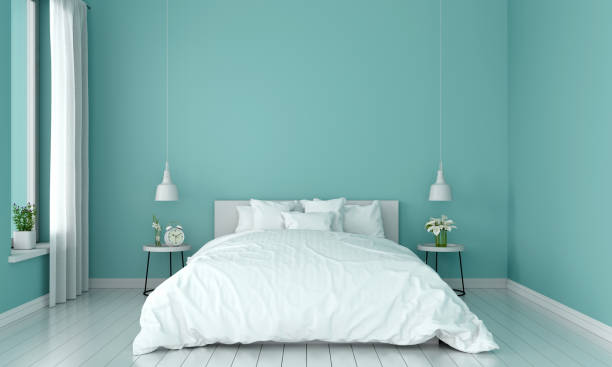 interior del dormitorio para maqueta, renderizado en 3d - bedroom blue bed domestic room fotografías e imágenes de stock