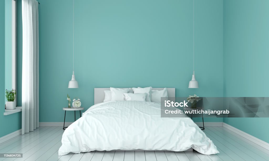 Bedroom interior for mockup, 3D rendering Blue bedroom interior for mockup, 3D rendering Bedroom Stock Photo