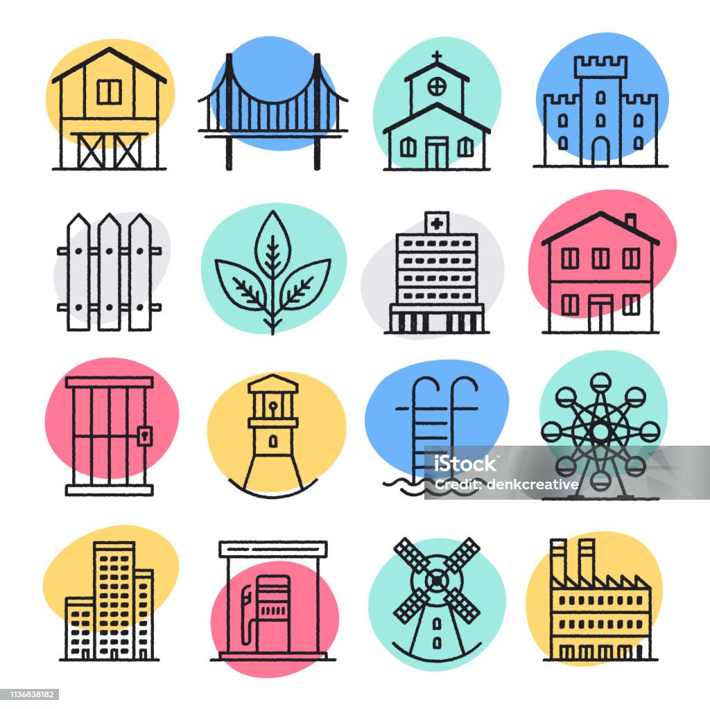 Sustainable Urban Development Doodle Style Vector Icon Set Sustainable urban development doodle style concept outline symbols. Line vector icon sets for infographics and web designs. Development stock vector