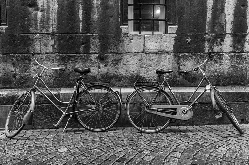 bikes in a street, a typical sight in a student town in the Netherlands