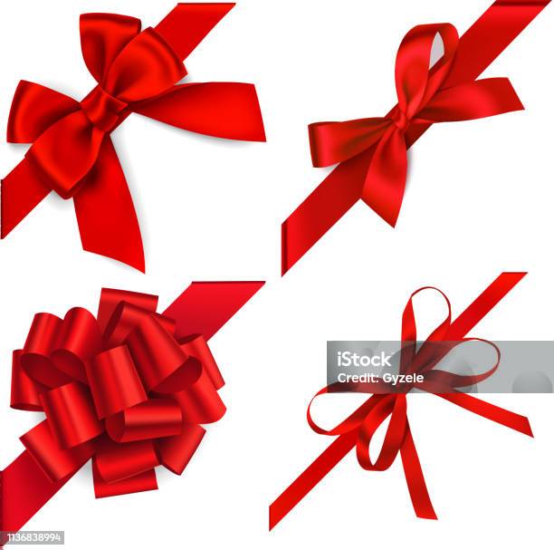 白で孤立した角に斜めに赤いリボンと装飾的な赤い弓のセット休日のデザイン要素 - ちょう結びのベクターアート素材や画像を多数ご用意 - ちょう結び, リボン, クリスマス