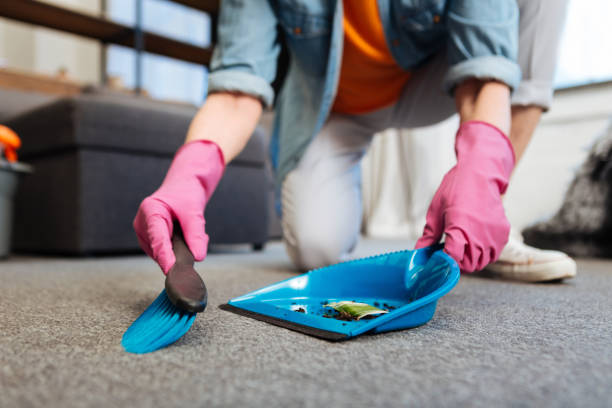 istock Hard-working female cleaner wearing protective pink gloves and comfortable clothes 1136839754