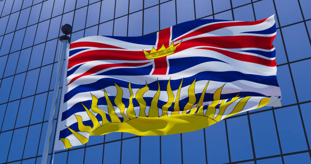 British Columbia, Canada flag on skyscraper building background. 3d illustration