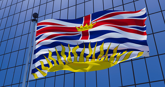 British Columbia, Canada flag on skyscraper building background. 3d illustration