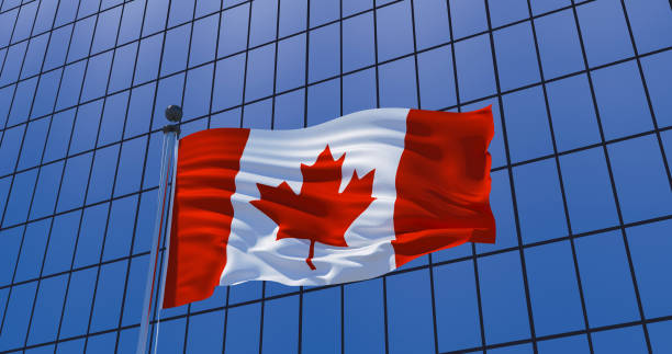 canadian flag on skyscraper building background. 3d illustration - vancouver skyline city urban scene imagens e fotografias de stock