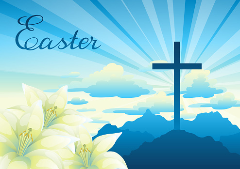 Easter illustration. Greeting card with cross and lilies.