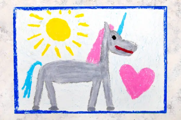 Colorful hand drawing: cute gray unicorn and big pink heart