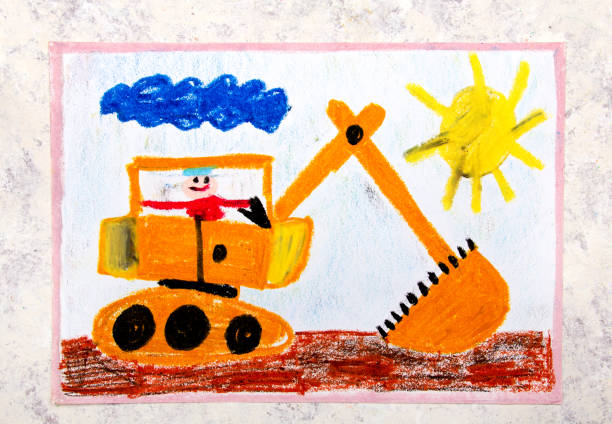 istock Colorful hand drawing: big yellow excavator 1136842693