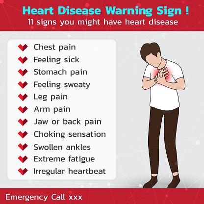 11 Heart Disease Warning Sign Infographic with Adult Man who has Chest Pain in Disease Symptoms Heart Attack , Need Emergency Call and Help from Professional Paramedic or Rescuer