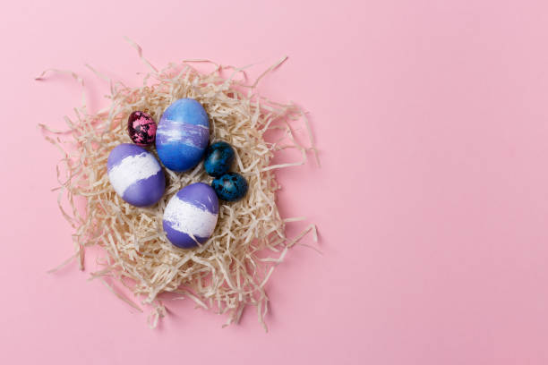 istock Free space with Easter eggs in nest on pink background 1136844633