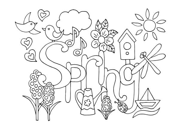 손으로 그린 색칠 페이지 봄 테마 - spring abstract insect dreams stock illustrations