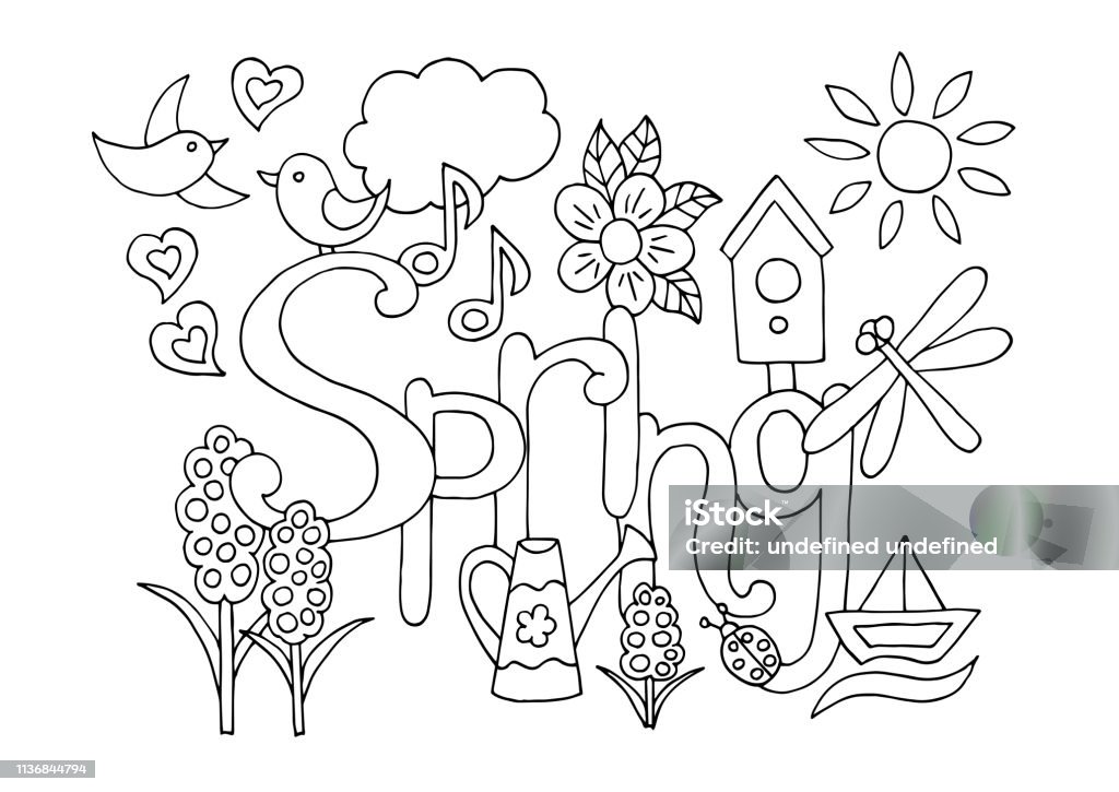 Hand drawn coloring page on spring theme Hand drawn coloring page for adults and children on spring theme: flowers, birds, birdhouse, watering can, sun, dragonfly, boat, hearts, music Coloring Book Page - Illlustration Technique stock vector