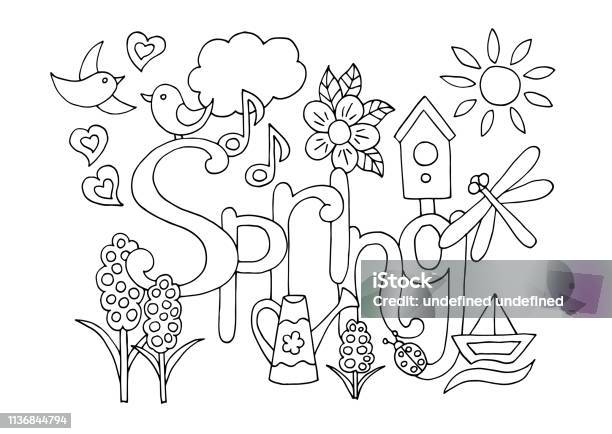 Hand Drawn Coloring Page On Spring Theme Stock Illustration - Download Image Now - Coloring Book Page - Illlustration Technique, Springtime, Backgrounds