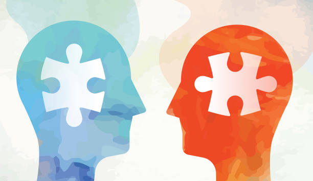 Two Heads With Puzzle Facing Solution Concept Vector montage illustration depicting finding right solution concept. Illustration is a montage made from different parts took from two acrylic paintings and vector drawn elements. puzzle silhouettes stock illustrations