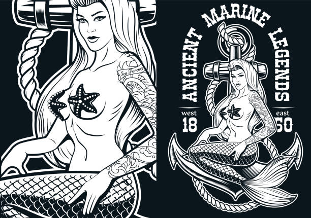 Vector illustration of a mermaid at the anchor Black and white illustration with a mermaid on the anchor in tattoo style. Perfect for shirts prints. Text is on the separate layer. nautical tattoos stock illustrations