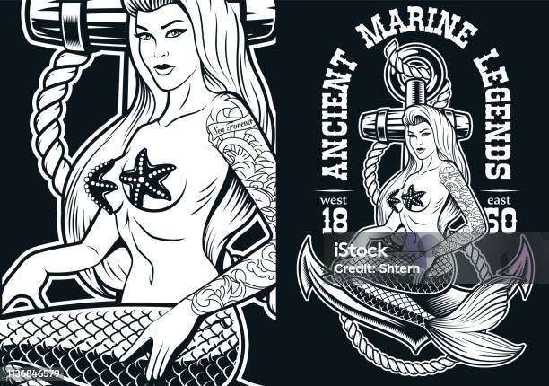 Vector Illustration Of A Mermaid At The Anchor Stock Illustration - Download Image Now - Mermaid, Design, Nautical Vessel