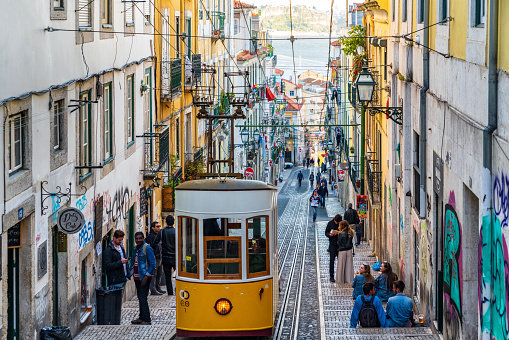 Street scene in Lisbon, Portugal. Photo contains incidental people and signage.