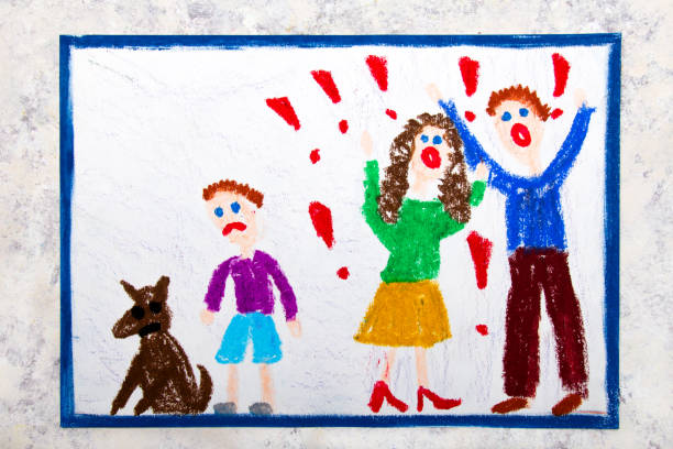 kolorowy rysunek: kłótnie rodziców i ich smutnego syna - czarny_bez zdjęcia i obrazy z banku zdjęć