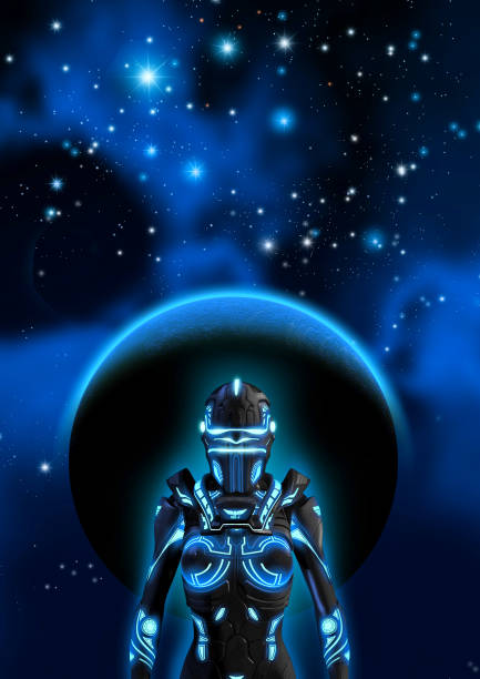 istock Alien cyborg in a dark sky with planet, nebula and stars, 3d illustration 1136850841