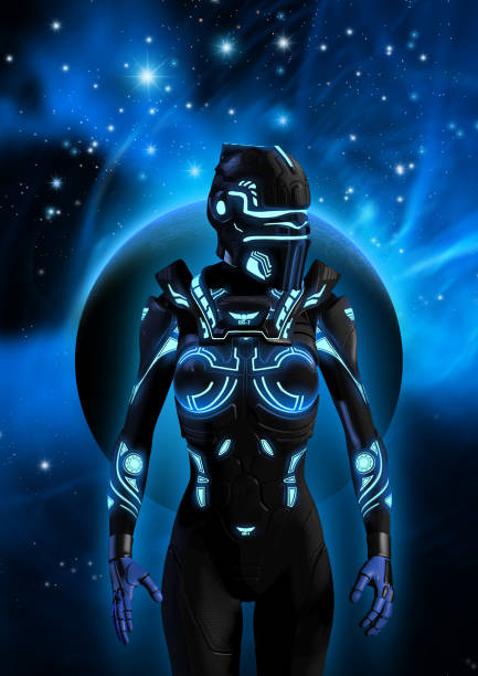 istock Alien cyborg in a dark sky with planet, nebula and stars, 3d illustration 1136850846