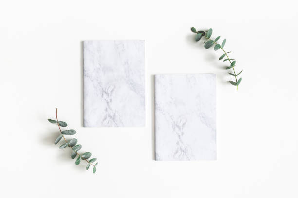 istock Paper blank, eucalyptus branches on white background. Wedding invitation card. Flat lay, top view, copy space 1136851010