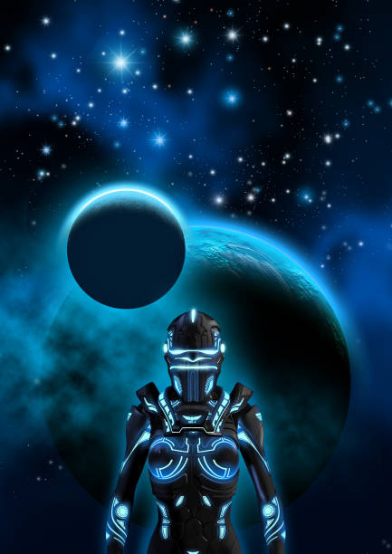 istock Alien cyborg in a dark sky with planet, nebula and stars, 3d illustration 1136852599