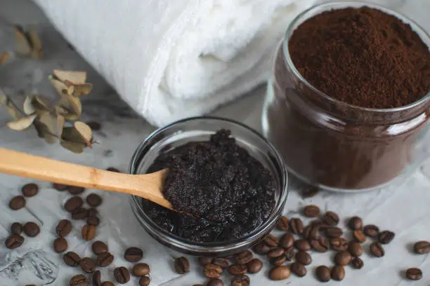 Natural Ingredients for Homemade Body Chocolate Coffee Sugar Salt Scrub Oil Beauty SPA Concept Body Care Love Valentines Day