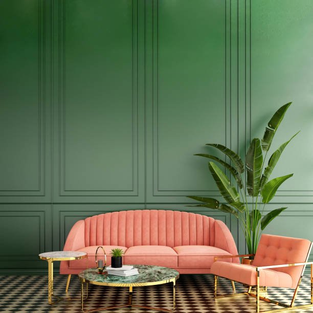 diseño de interiores para sala de estar o recepción con fondo de pared clásico, vivo de coral pantone/ilustración 3d, renderizado en 3d - rosa color fotografías e imágenes de stock