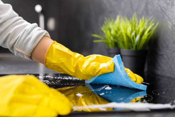 Housekeeping, House Cleaning The girl washes the stove with a blue sponge in yellow gloves cleaning service stock pictures, royalty-free photos & images