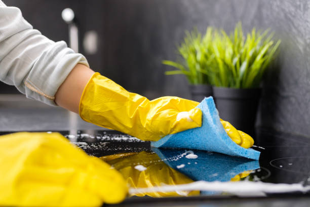 Housekeeping, House Cleaning The girl washes the stove with a blue sponge in yellow gloves black maids pictures stock pictures, royalty-free photos & images