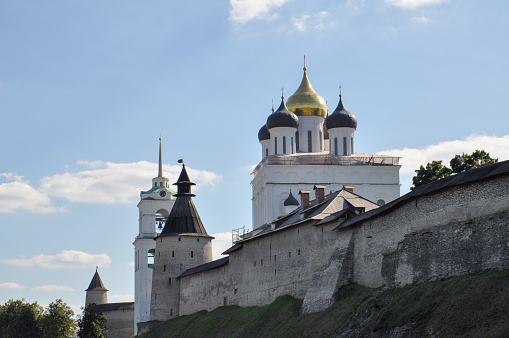 View of Pskov Krom and Trinity Cathedral - the tallest building in Pskov on a summer August day, Russia.