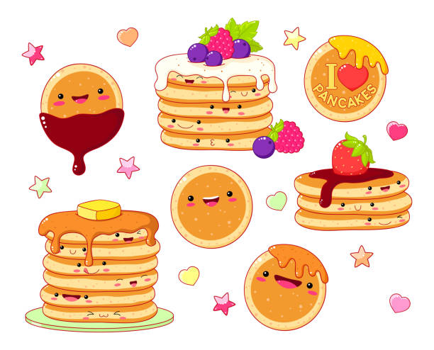 illustrazioni stock, clip art, cartoni animati e icone di tendenza di set di graziose icone di pancake in stile kawaii - honey caramel syrup fruit