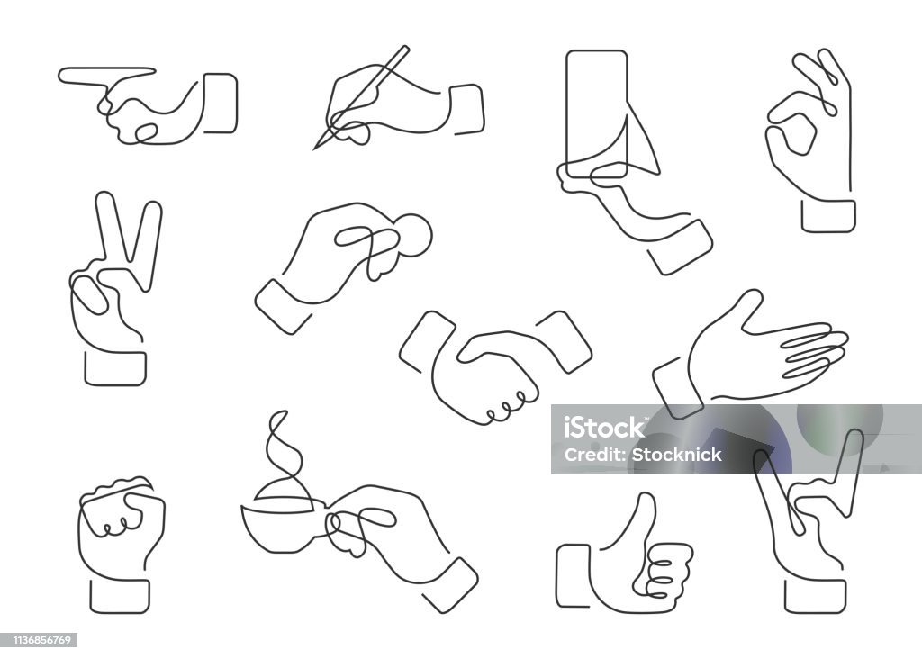 hand gestures one line Continuous line drawing of hand gestures. Set of different gestures hand, signs and signals. Icon collection. Vector illustration on white background. Hand stock vector