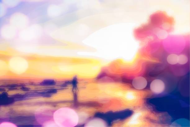 summer beach with sunset sky and beautiful bokeh light background