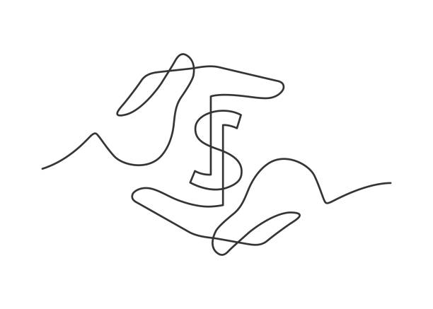 hands dollar one line Continuous line drawing of a dollar sign between two human hands. Vector illustration bank financial building drawings stock illustrations