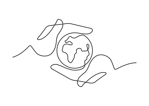 Continuous line drawing of Save the planet. Small globe between two  human hands meaning care and love.  Vector illustration