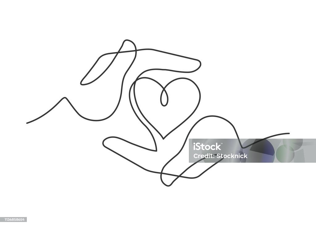 hands heart one line Continuous line drawing of heart between two  human hands meaning care and love.  Vector illustration Line Art stock vector