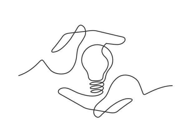 hands lamp one line Continuous line drawing of lightbulb between two  human hands  as a symbol of ideas. Ceative problem solving. Result creative approach. Electric lamp in hand. Vector illustration electricity drawings stock illustrations