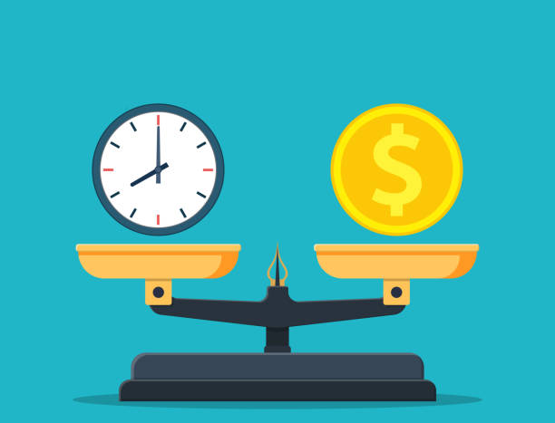 Time is money on scales icon. Time is money on scales icon. Money and time balance on scale. Weights with clock and money coin. Vector illustration in flat style balance stock illustrations