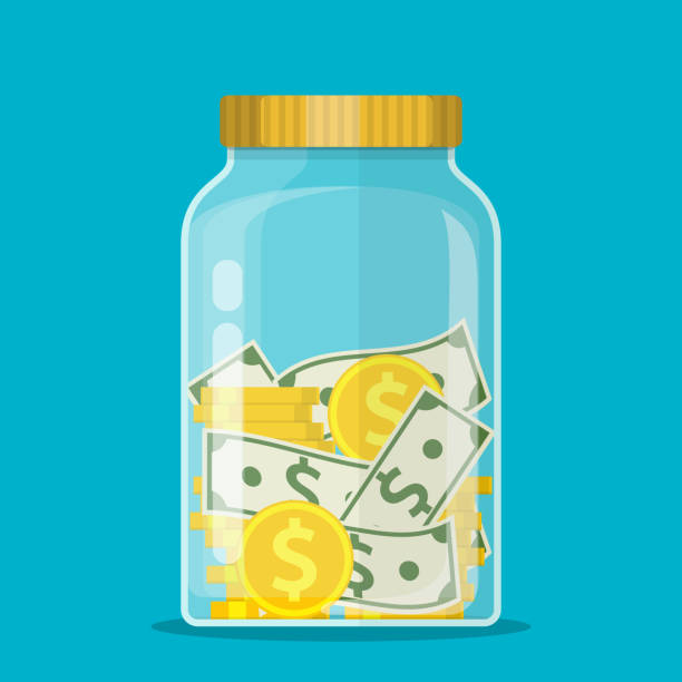 money jar. dollar-münze im glas sparen. - currency jar coin donation box stock-grafiken, -clipart, -cartoons und -symbole