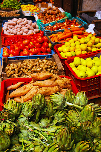 Vegetables and fruits in the Moroccan neighborhood market.