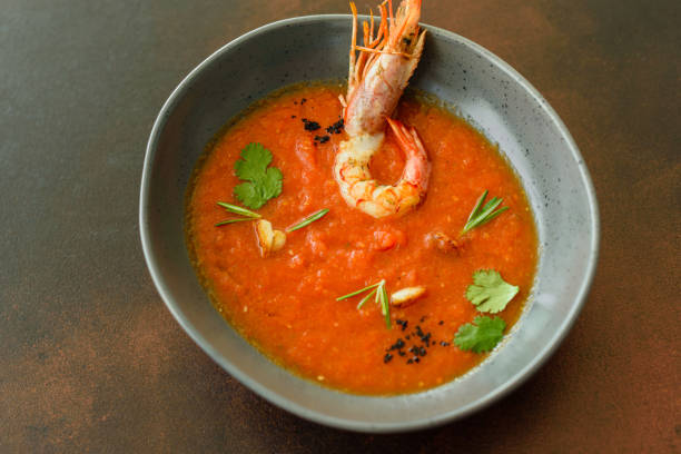 istock Gazpacho with prawns. A spanish cold vegetable soup gazpacho 1136861829