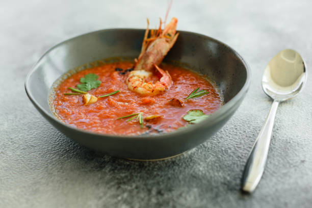 istock Gazpacho with prawns. A spanish cold vegetable soup gazpacho 1136861962